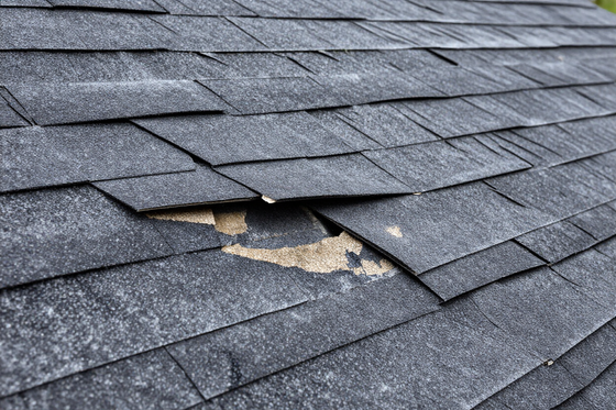 Storm-damaged asphalt shingles with wind lift