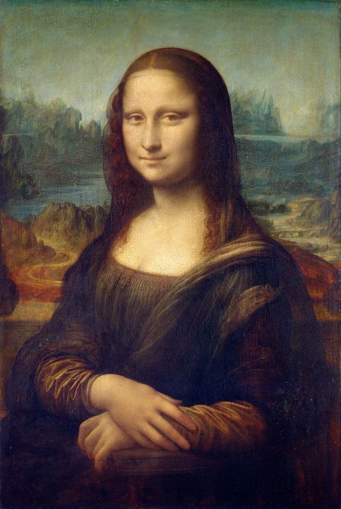 It is a painting of a woman with long hair and a river in the background.