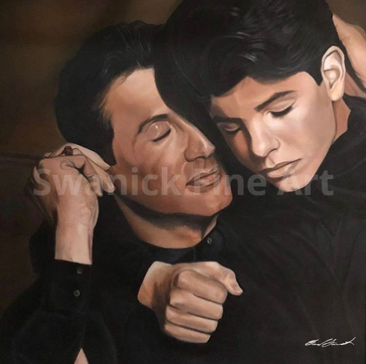 A painting of two men hugging each other with the word swanick beneath them