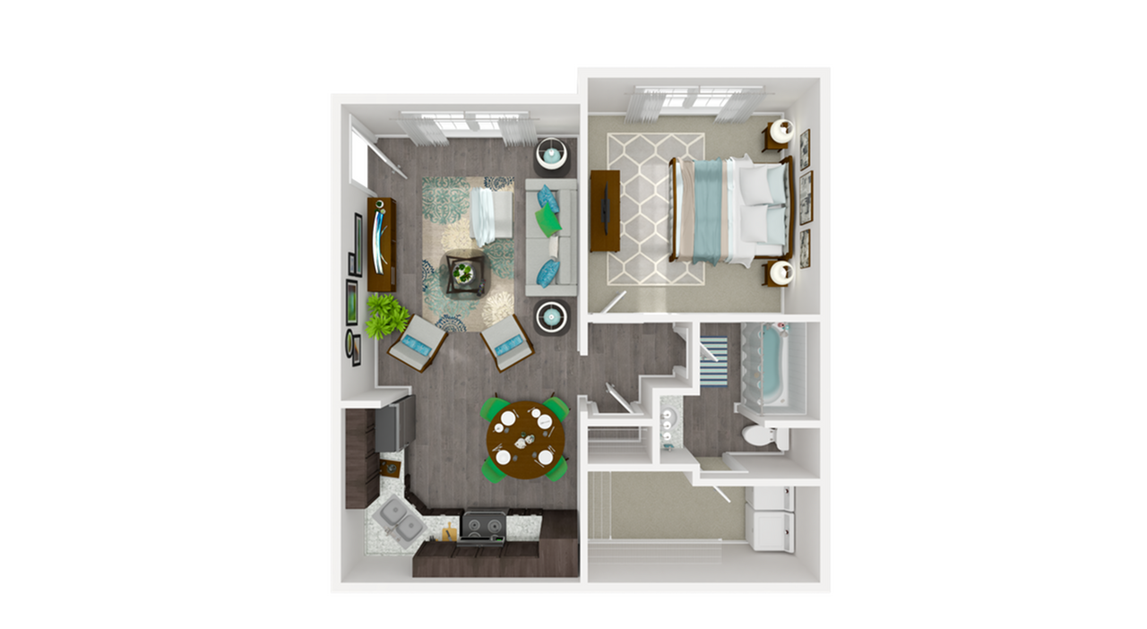 Top-down floor plan of a one-bedroom apartment with living room, kitchen, bedroom, and bathroom.