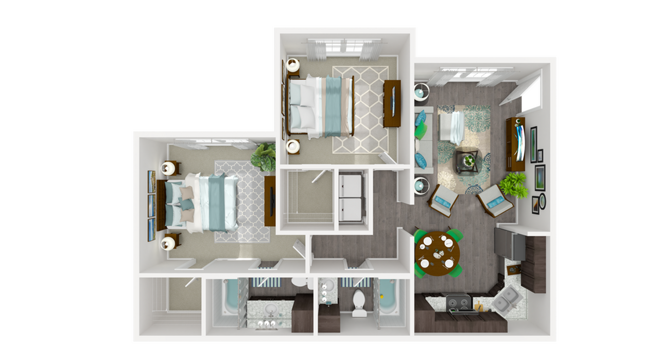 3D floor plan of a small apartment with two bedrooms, a bathroom, kitchen, dining area, and living room