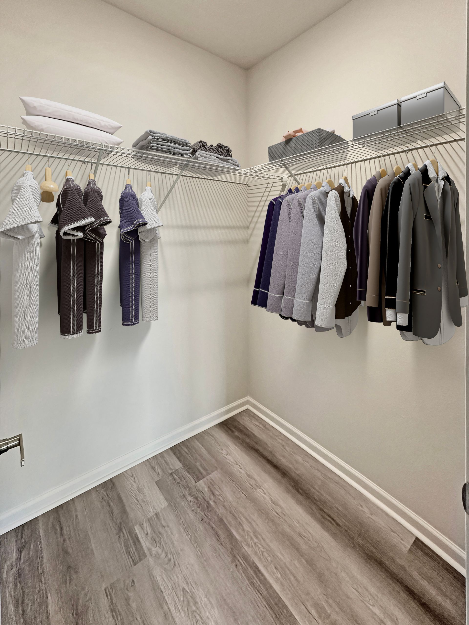Empty walk-in closet with white walls, wood-look floor, and hanging clothes on metal rods.