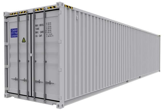 White shipping container with double doors, shown at an angle on a plain background