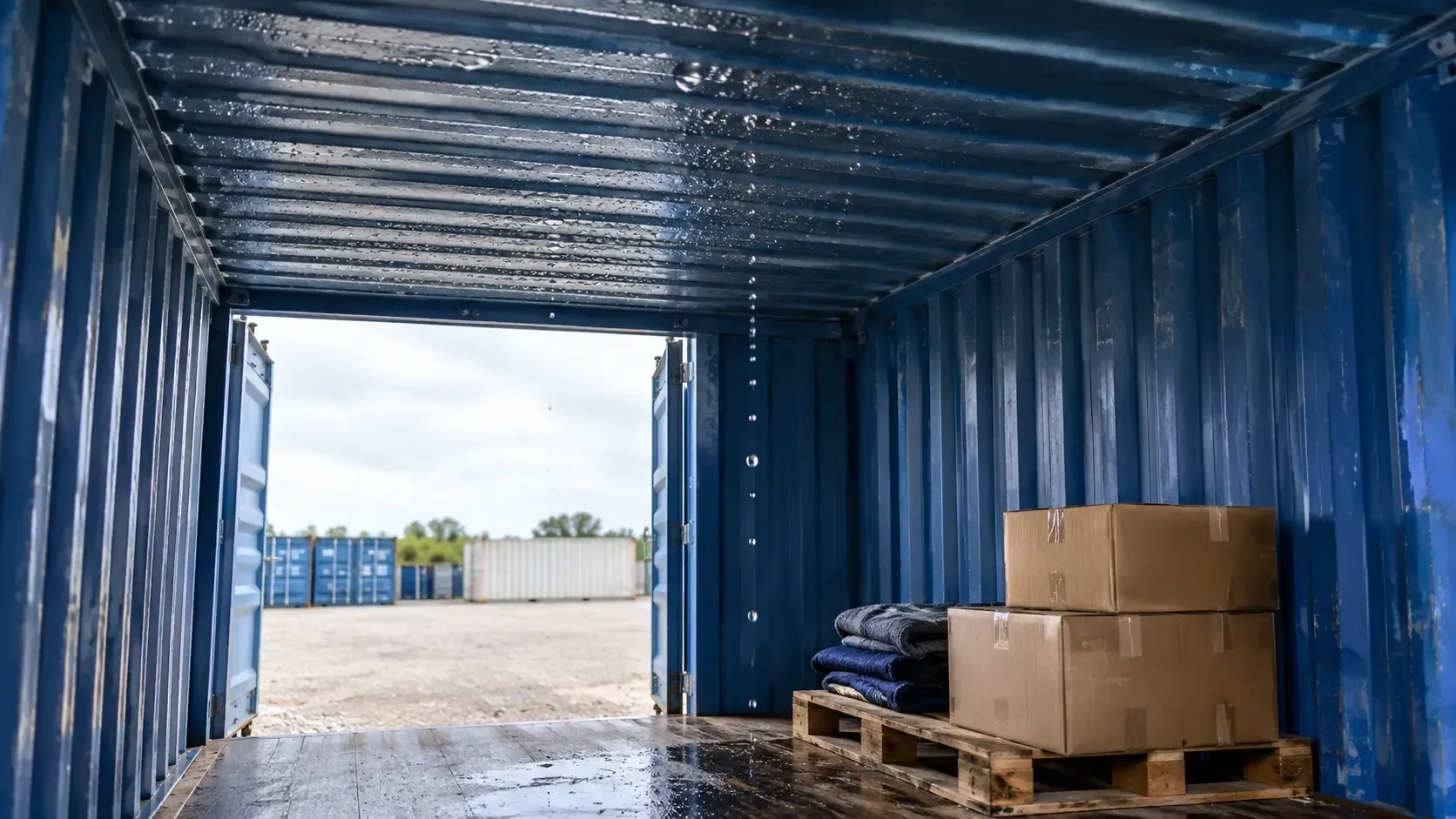 Why Is Water Dripping Inside My Storage Container When It Hasn't Rained? Showing the interior of a blue steel shipping container with a damp ceiling and cardboard boxes stacked inside.