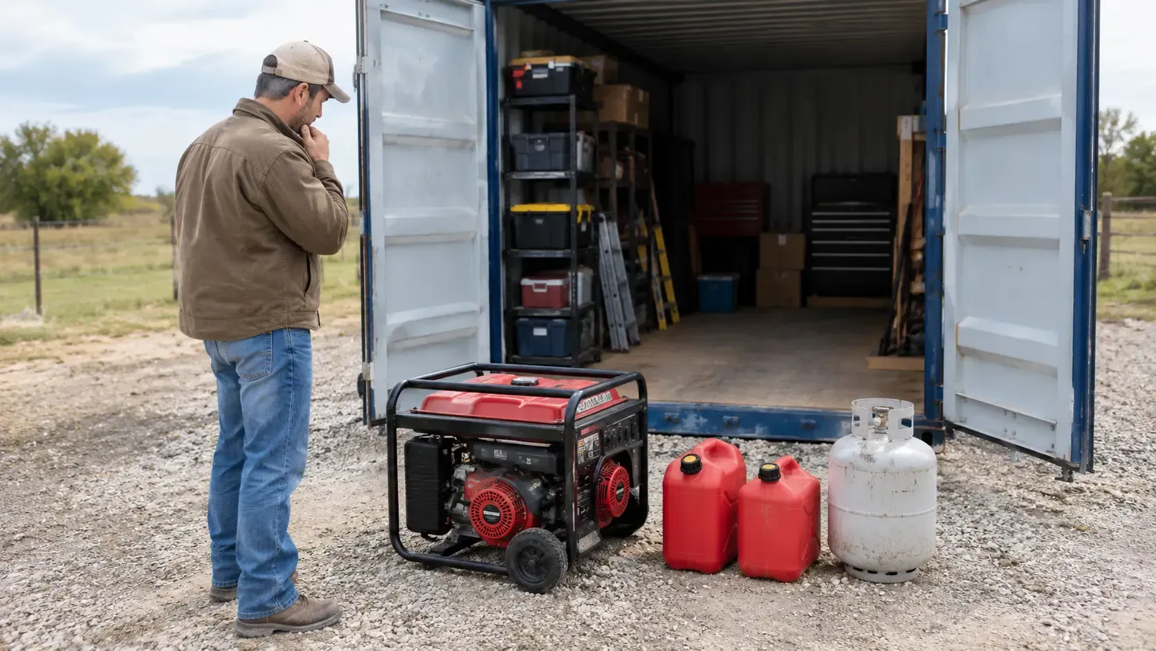 Generator, gas cans, and propane tank placed on the ground near a storage container.
