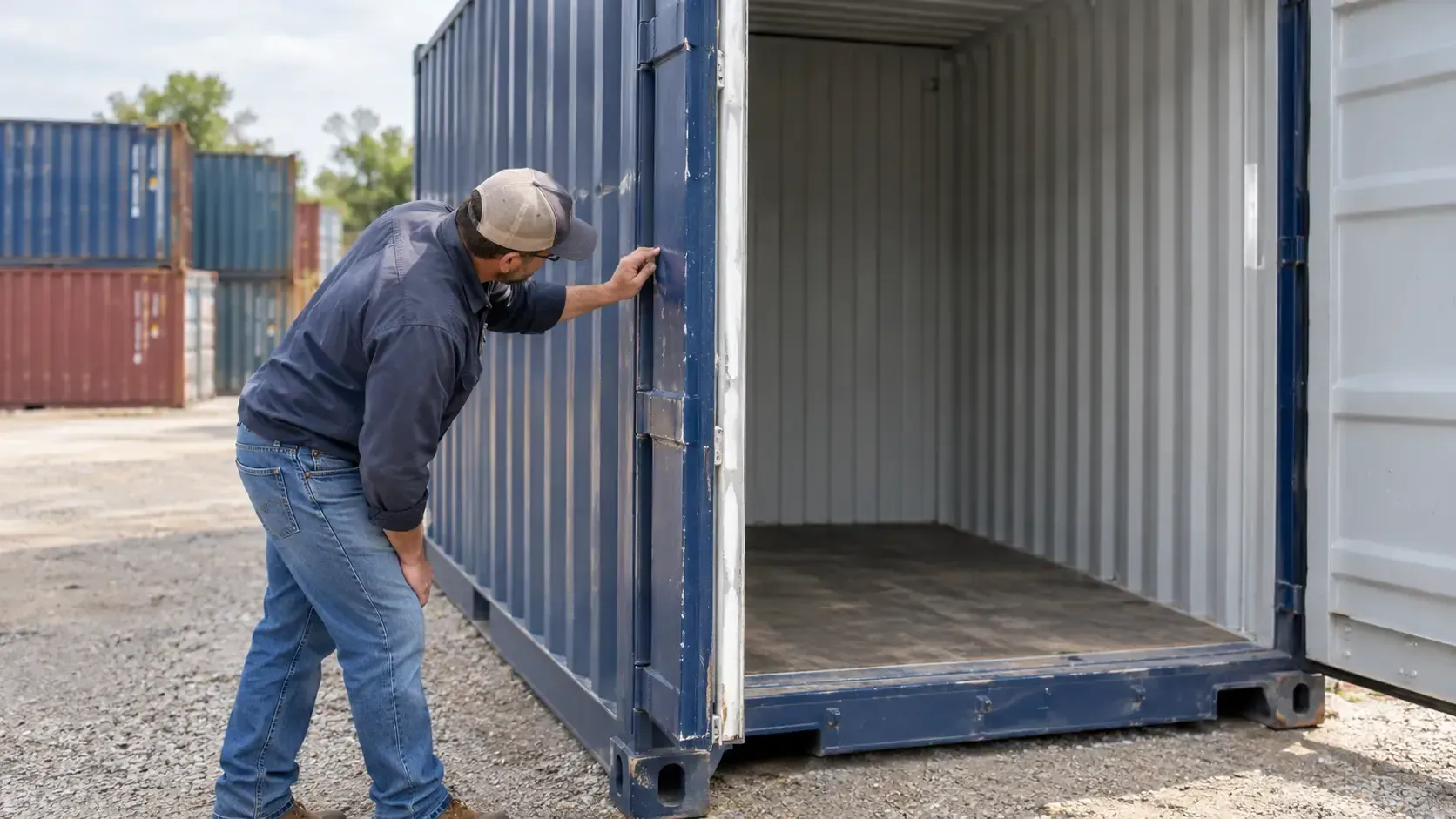 Technician checking a blue 20-foot shipping container in a yard to verify its condition.