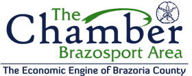 The Chamber Brazosport Area logo with green swoosh and tagline, “The Economic Engine of Brazoria County”