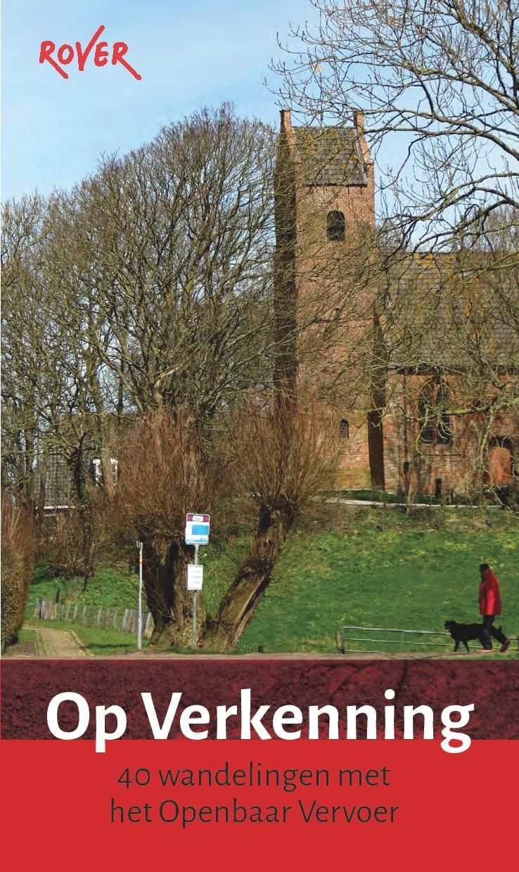 Boekcover: Kerk en bomen, met de tekst "Op Verkenning" en een persoon die met een hond wandelt.