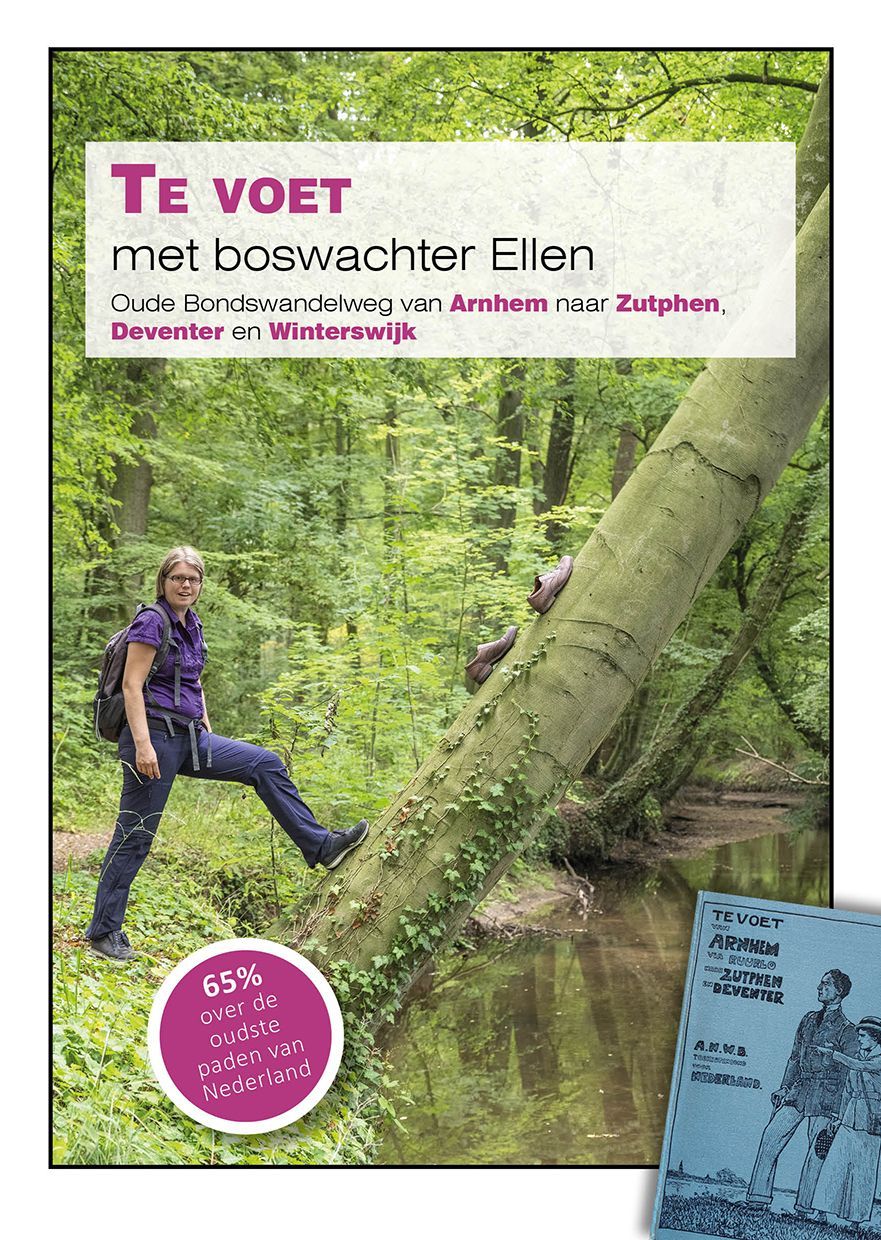 Woman hiking with backpack; book cover "Te voet met boswachter Ellen" (walking with forest ranger Ellen).