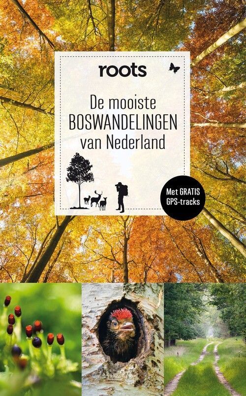 Book cover "De mooiste Boswandelingen van Nederland" featuring forest scenery and hiking illustration.