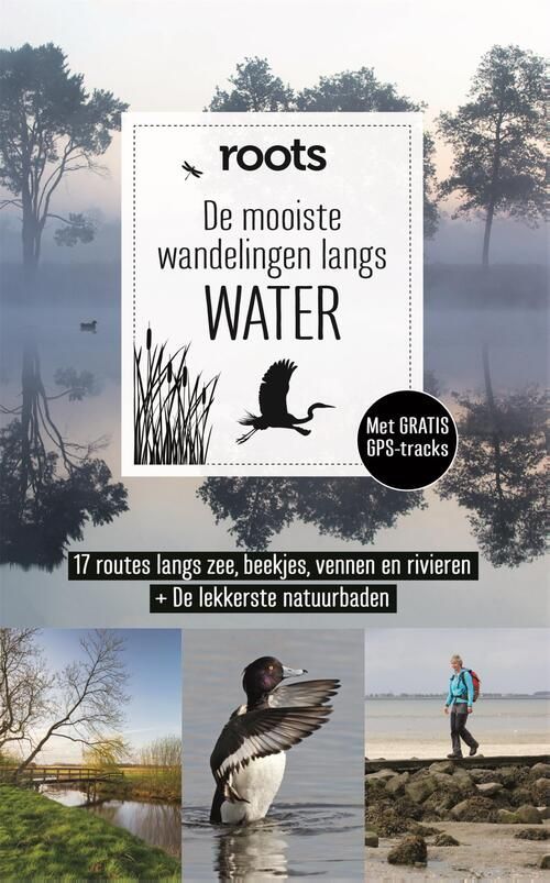 Boekcover: "Roots", een gids voor wandelroutes langs het water. Met tekst, een vogel en foto's.