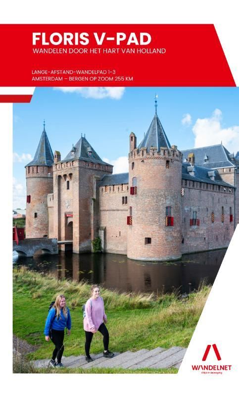 Omslag van een wandelgids: kasteel met gracht, twee vrouwen wandelend, rode tekst, titel "Floris V-Pad".