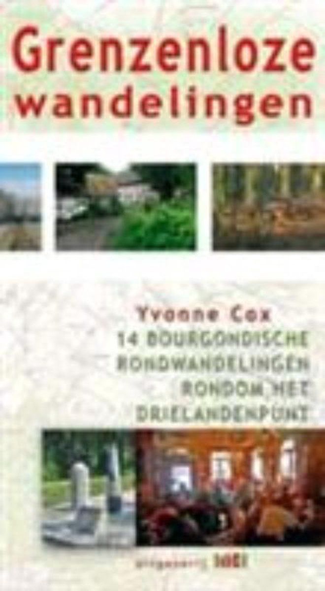 Book cover: "Grenzenloze wandelingen" with photos of outdoor scenes; subtitle details 14 walking tours.