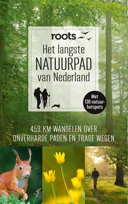 Omslag van een boek over de langste natuurroute van Nederland; een wandeling van 459 km over onverharde paden.