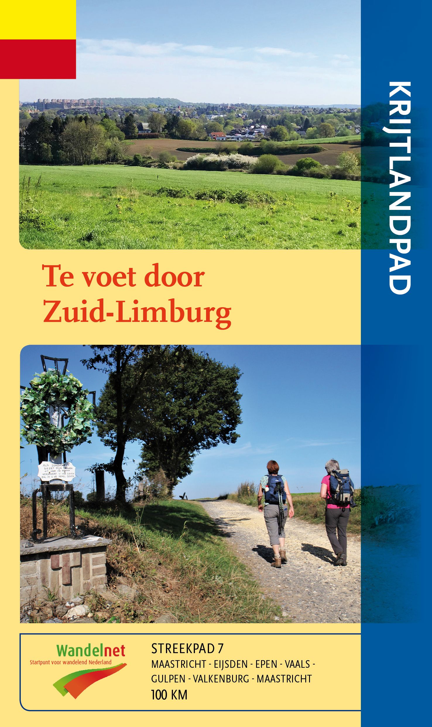 Brochureomslag: wandelaars op een pad in Zuid-Limburg, Nederland. Groene velden, blauwe lucht.
