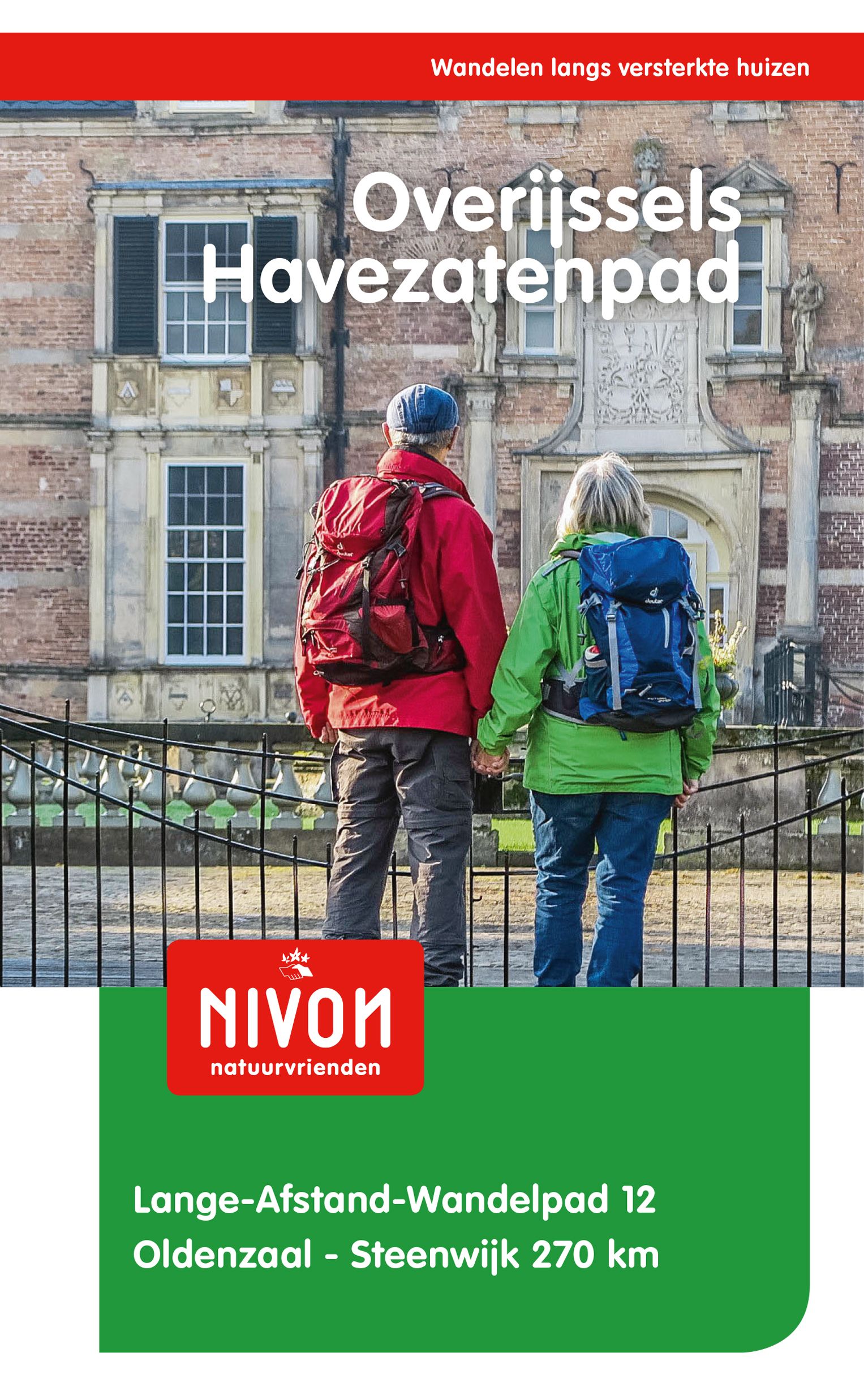 Omslag van de gids Overijssels Havezatenpad met wandelaars voor een gebouw.