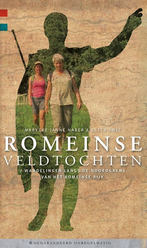 Book cover: Two women hiking, overlaid on a Roman soldier silhouette. Title: "Romeinse Veldtochten." Luxembourg flag.