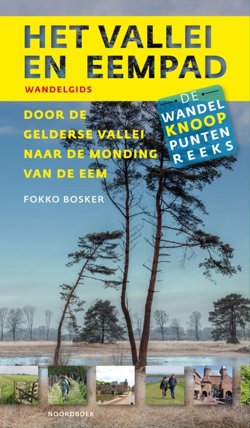 Boekcover: "Het Vallei en Eempad" wandelgids. Bomen, water en tekst in geel en blauw.