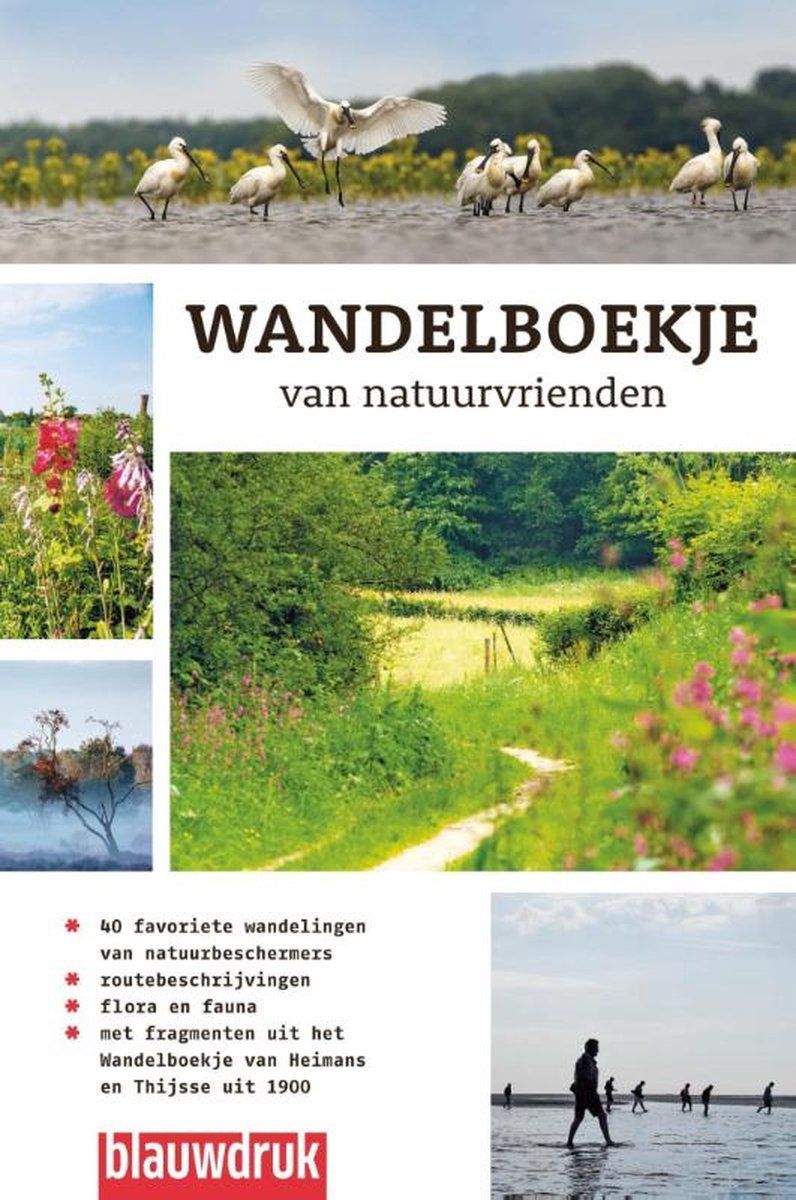 Boekcover: "Wandelboekje" met natuurfoto's en tekst. Witte vogels vliegen over het water, pad in een groen landschap.