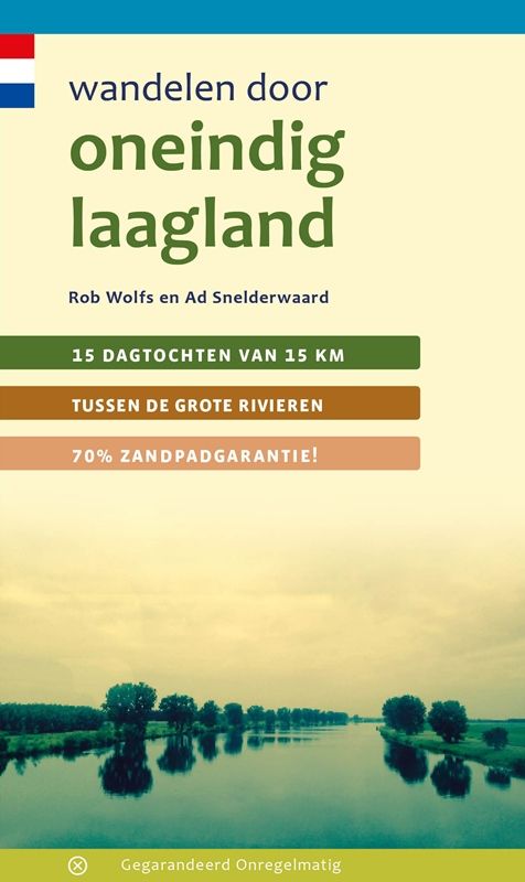 Book cover: "Wandelen door oneindig laagland," 15 walking tours of 15km between rivers, 70% sand path guaranteed.