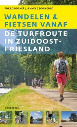 Book cover: person walking path, cyclists, text "Wandelen & fietsen vanaf..." in Friesland.