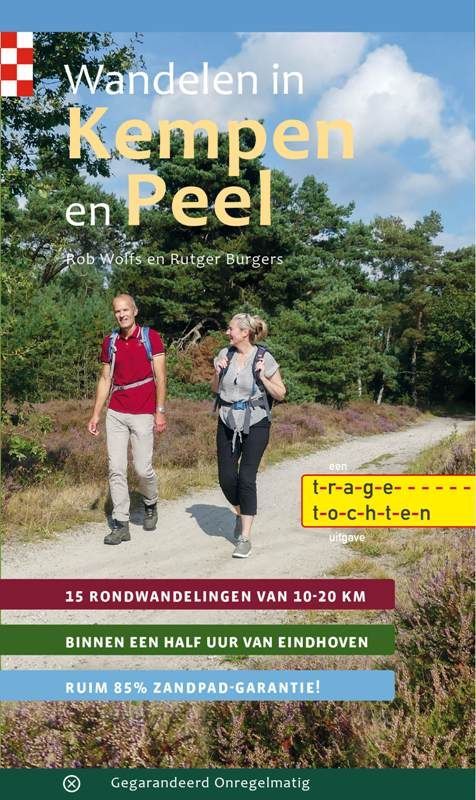 Een boekomslag met de tekst "Wandelen in Kempen en Peel" en details over de wandelroute.