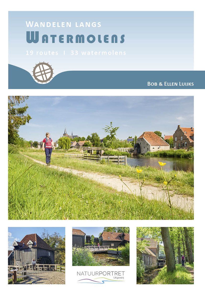 Een persoon loopt over een pad langs watermolens. Boekomslag met reclame voor wandelroutes in de buurt van watermolens.