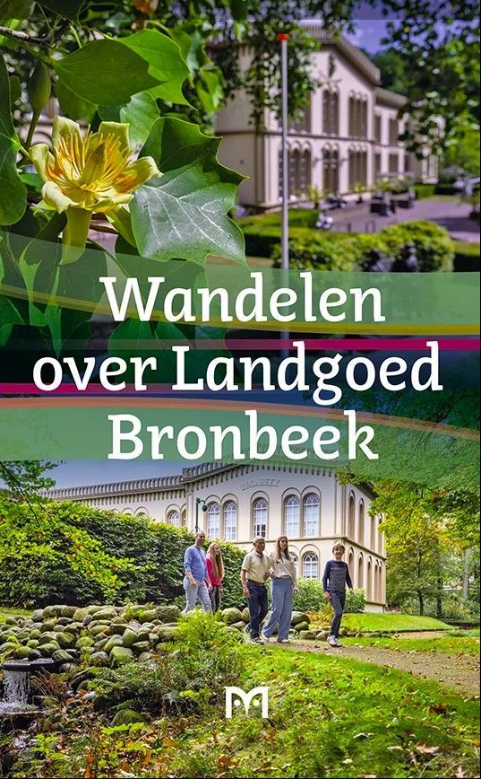 People walking near a building on Landgoed Bronbeek. Text: "Wandelen over Landgoed Bronbeek". Green and white.