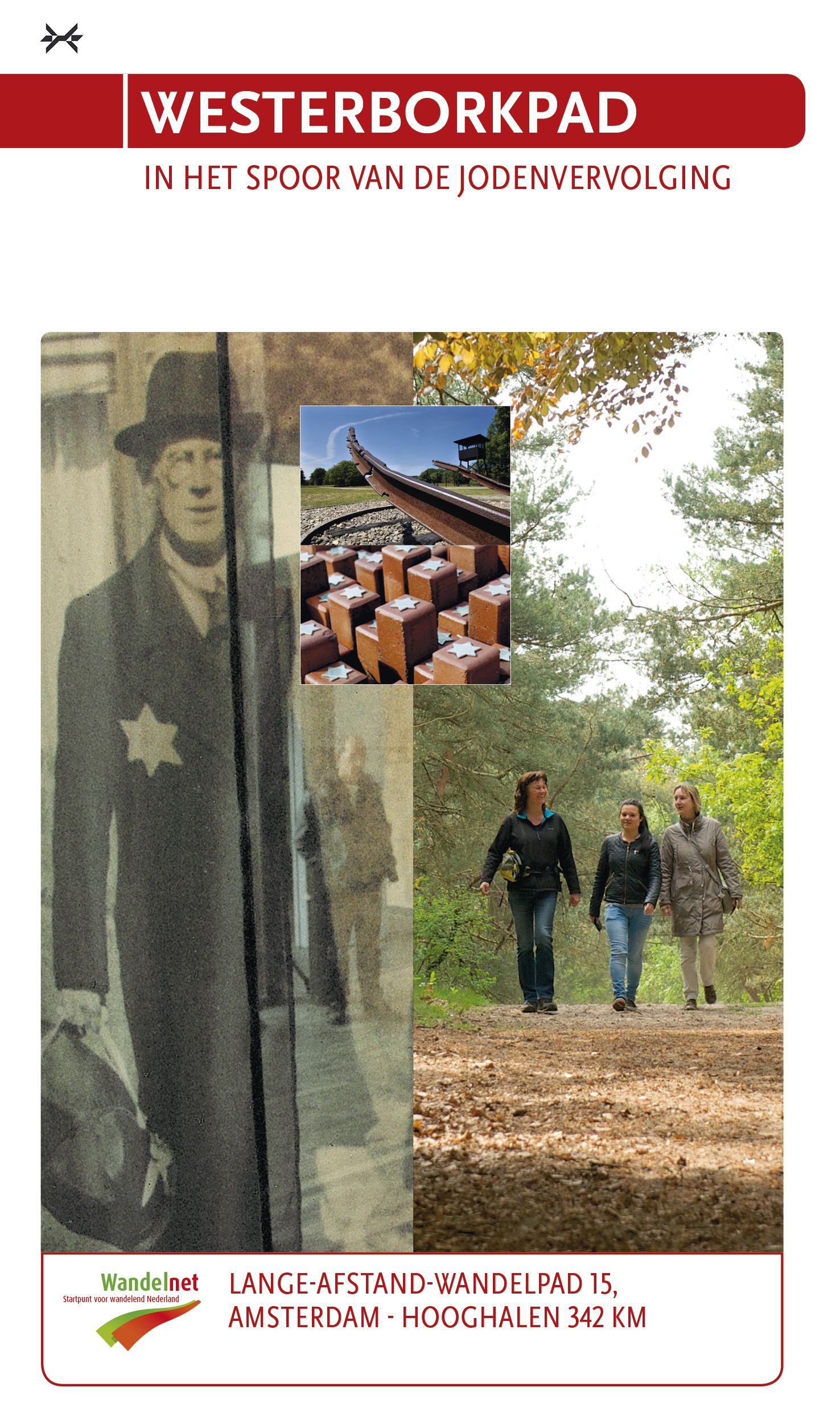 Omslag van de Westerborkpad-brochure: Man met Davidster, pad, wandelende mensen, bakstenen constructie.