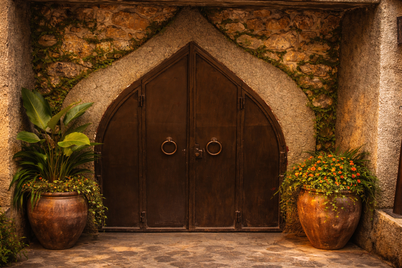 Rustic double wooden doors framed by stone, with potted plants on either side.