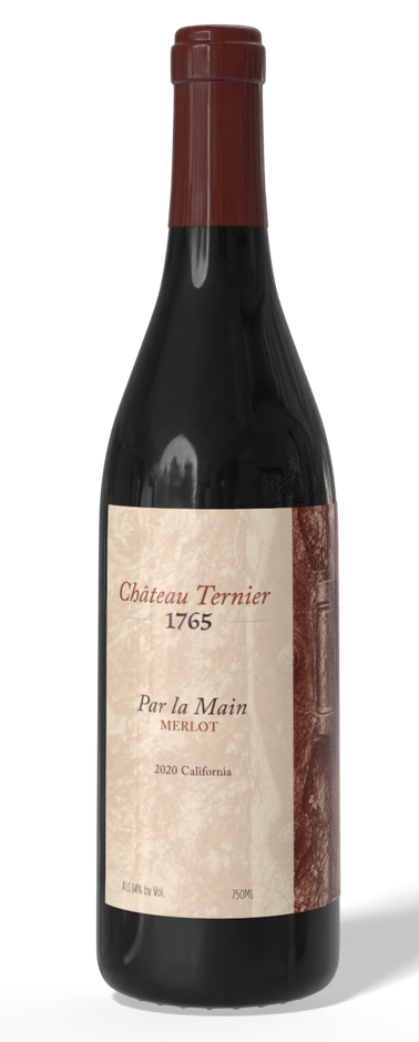 Dark red wine bottle with cream label and burgundy foil cap