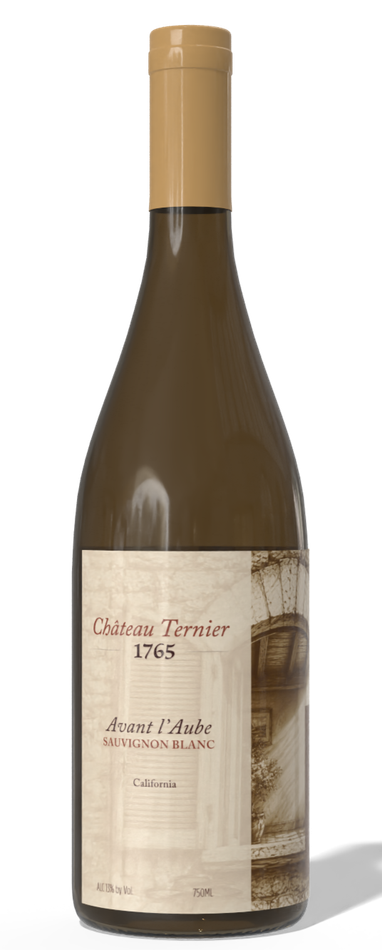 Bottle of light amber white wine with a beige label and tan cap on a white background