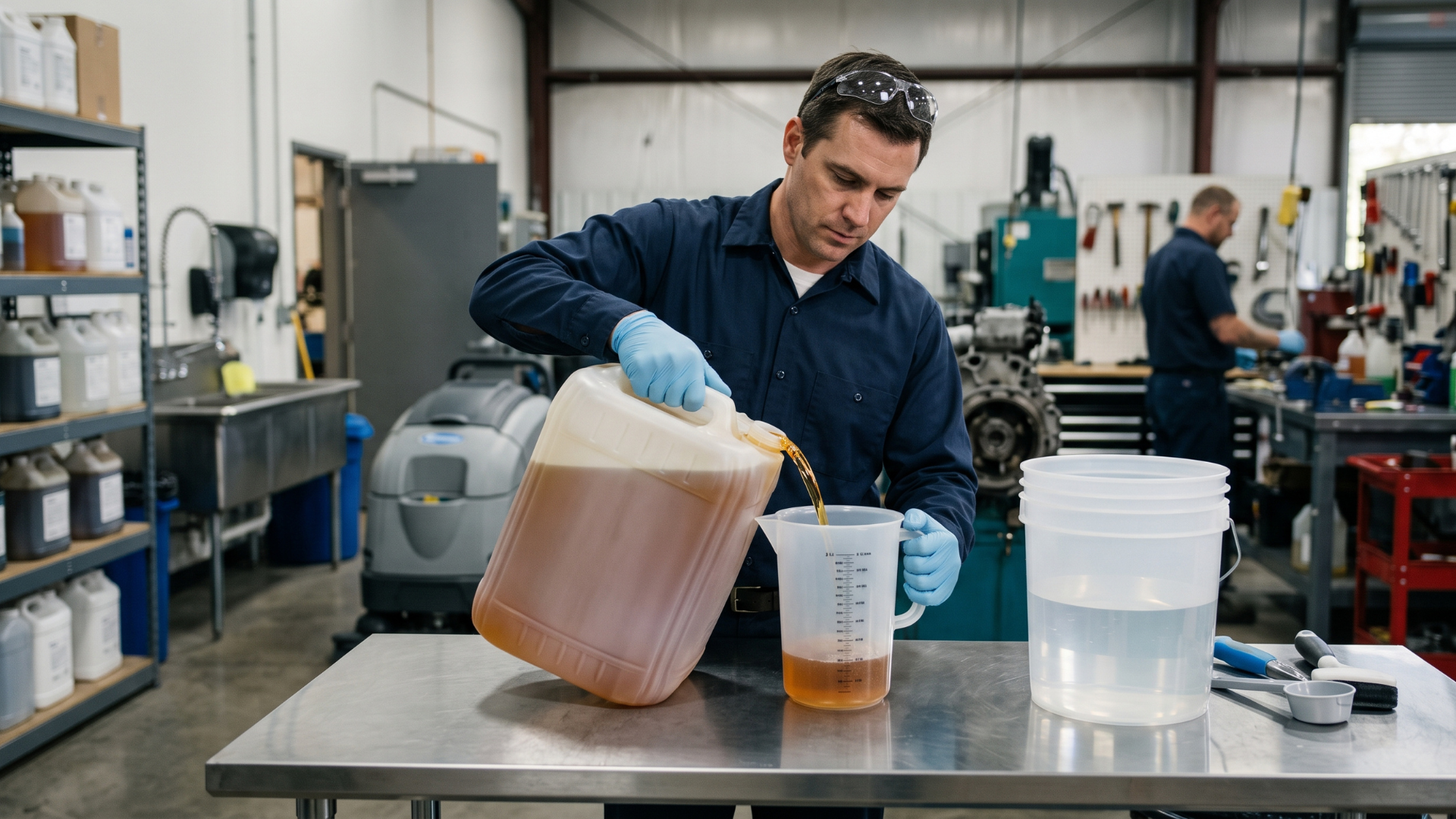 Worker pouring brown liquid from a jug into a measuring cup in a lab or workshop setting