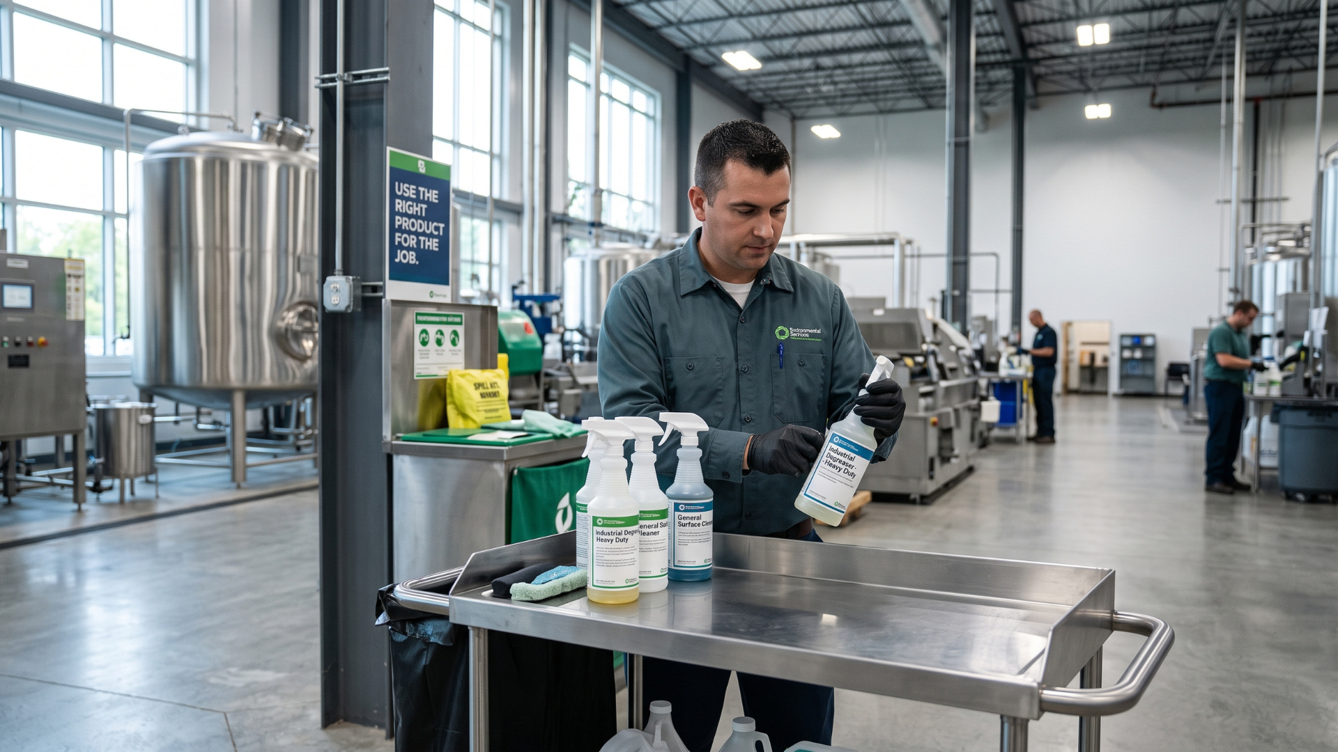factory worker checking among different cleaning solutions to choose from