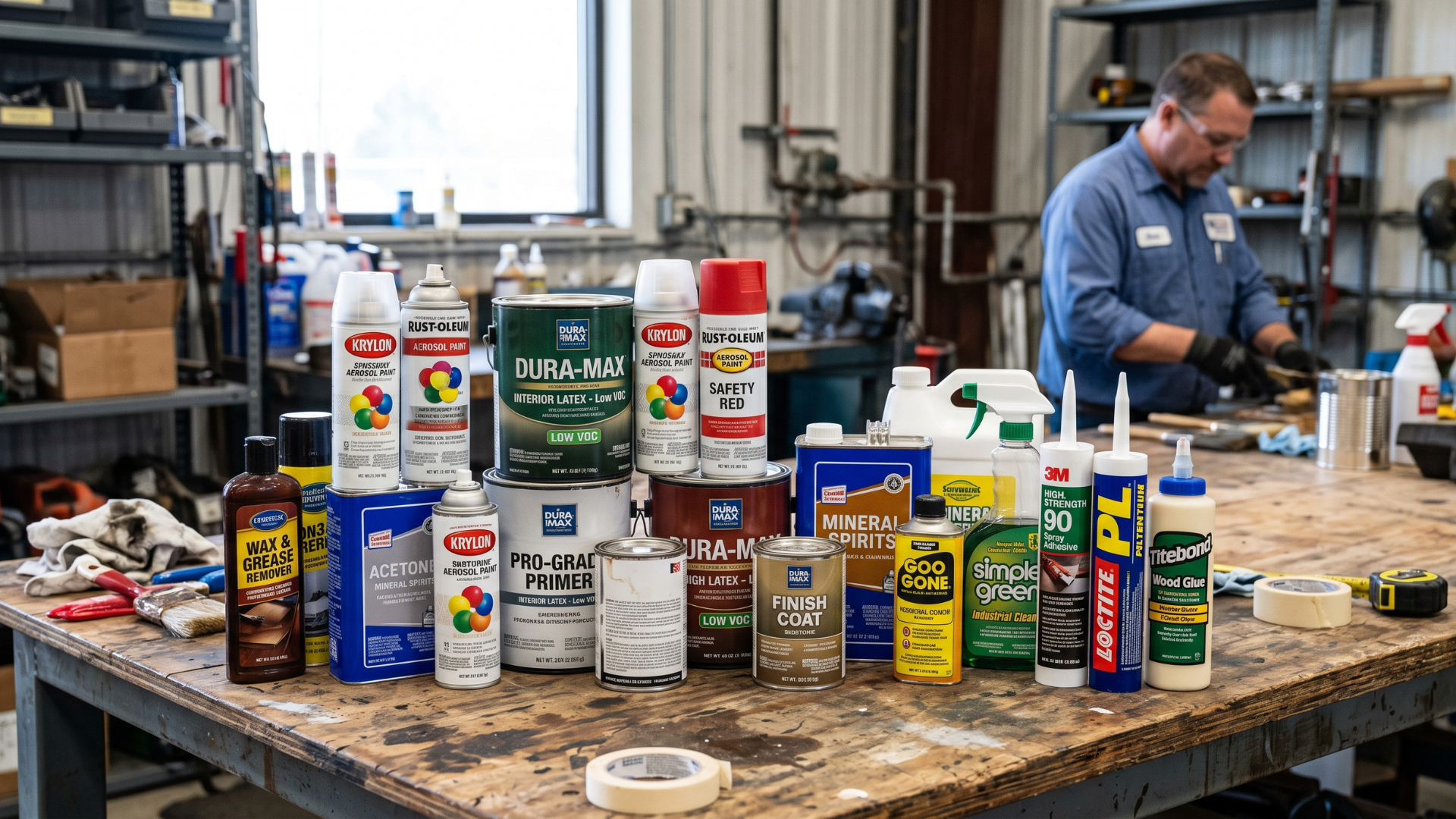 Workbench covered with assorted cleaning products and a man in a blue shirt in a workshop.