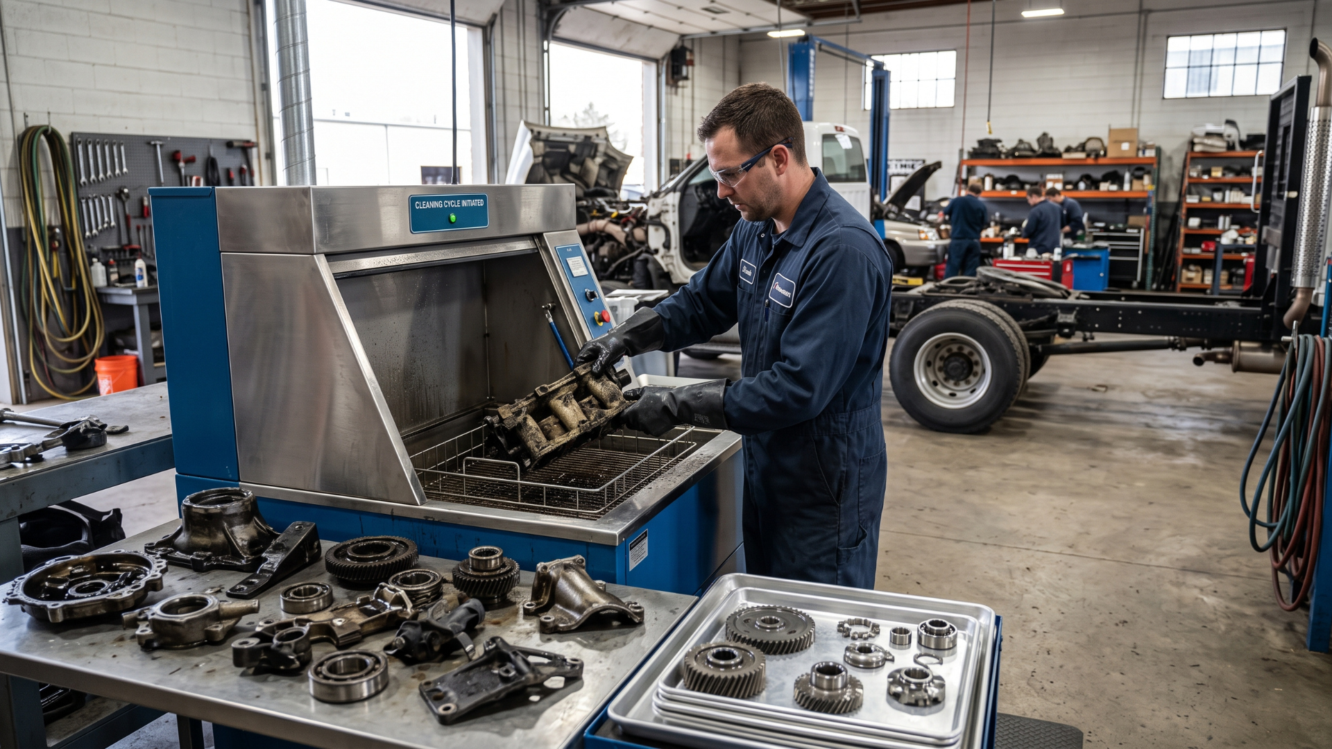 Worker operating industrial machine in a metal workshop with trays of machined parts nearby