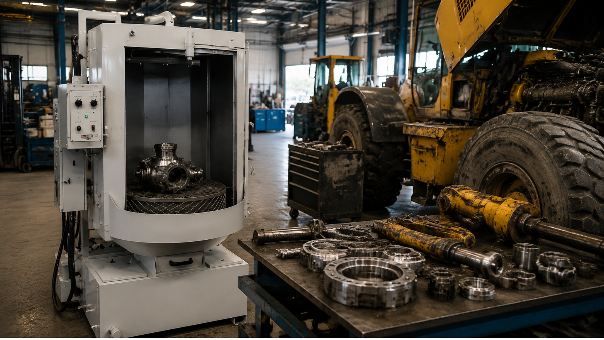 Industrial workshop with a large machine, excavator, and metal parts on a workbench