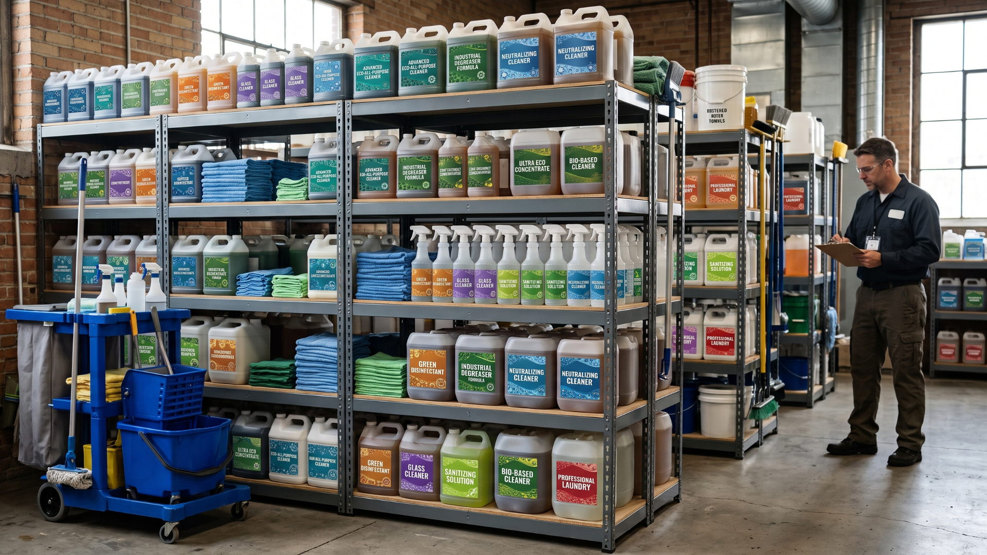 Warehouse aisle with stacked chemical jugs on metal shelves and a worker standing nearby.