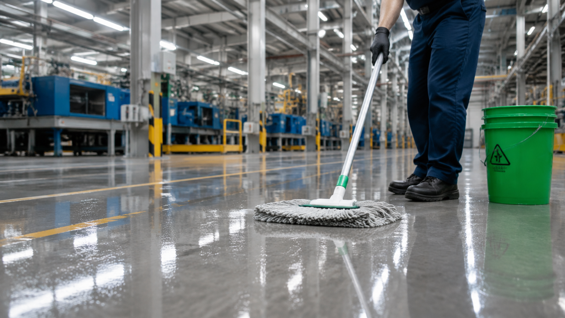 Person mopping a shiny factory floor beside a green bucket in a bright industrial warehouse