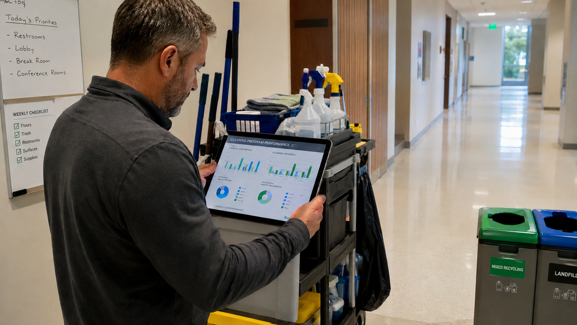 Person using a tablet on a janitorial cart in a hallway with cleaning supplies nearby.