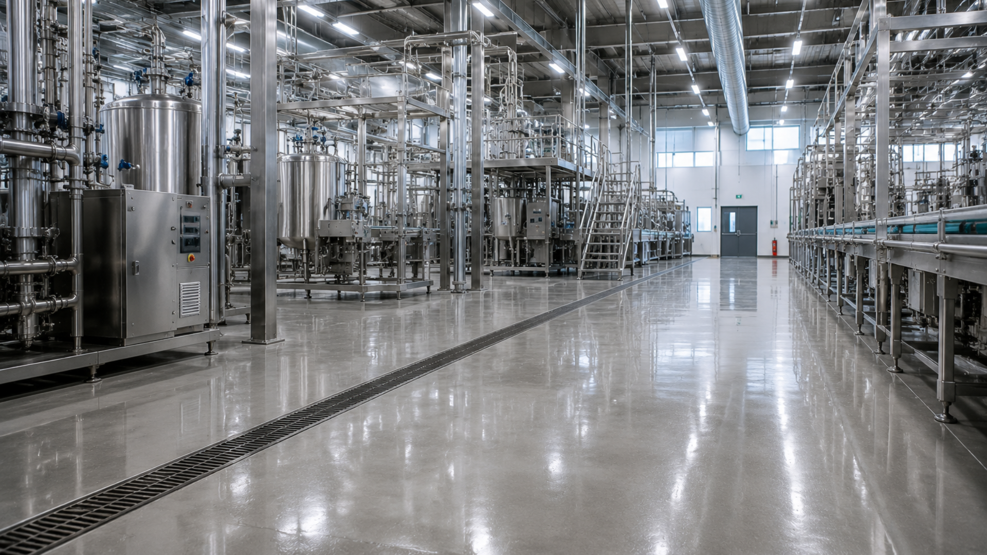 Bright stainless-steel industrial factory interior with rows of machinery and polished floor