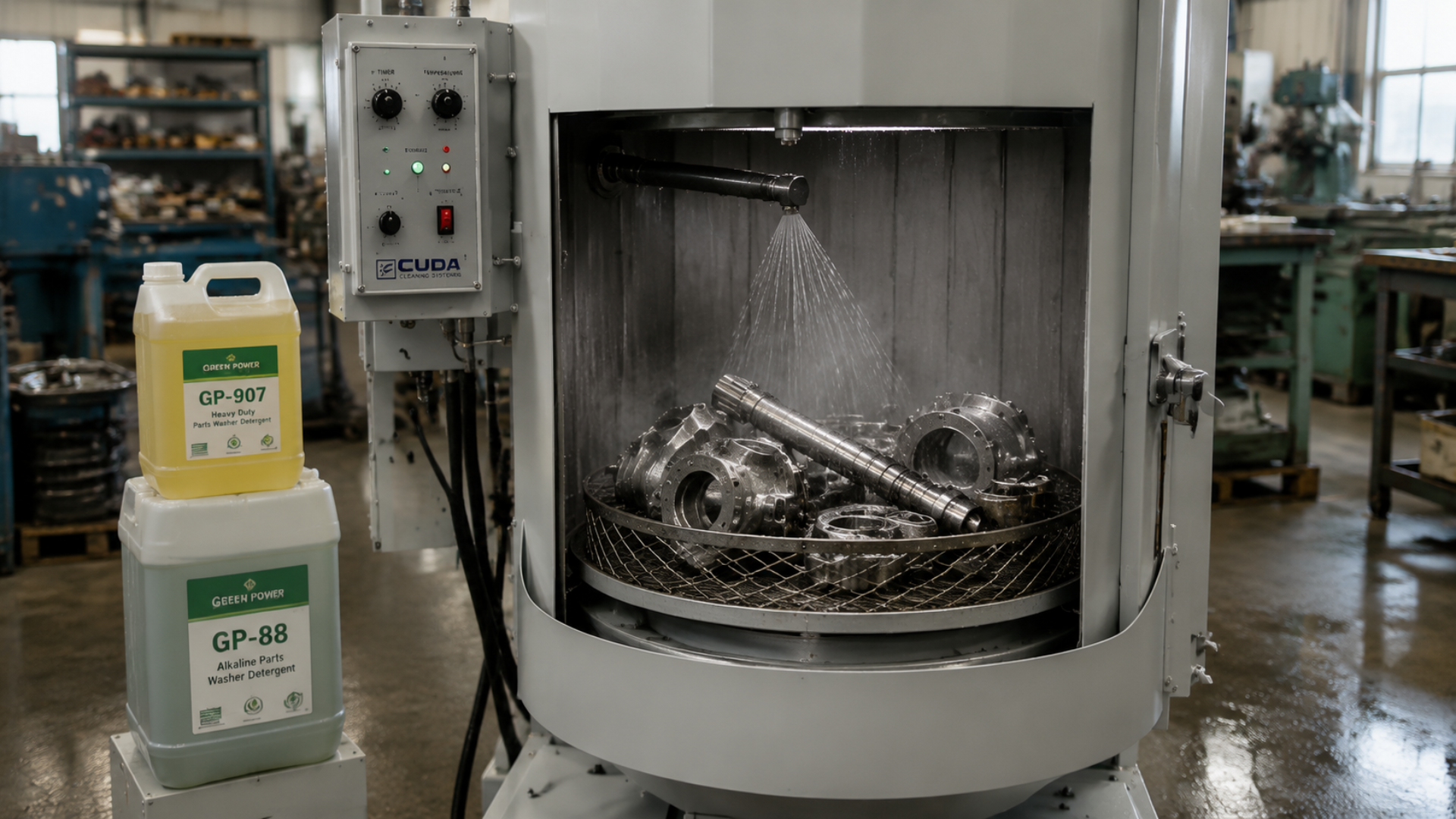 Metal parts tumbling in a large industrial cleaning machine beside a control panel and detergent containers