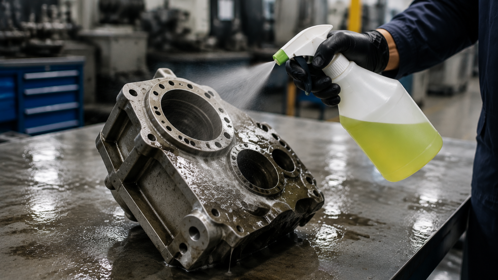 Person spraying yellow cleaner on a metal engine part on a workbench in a workshop