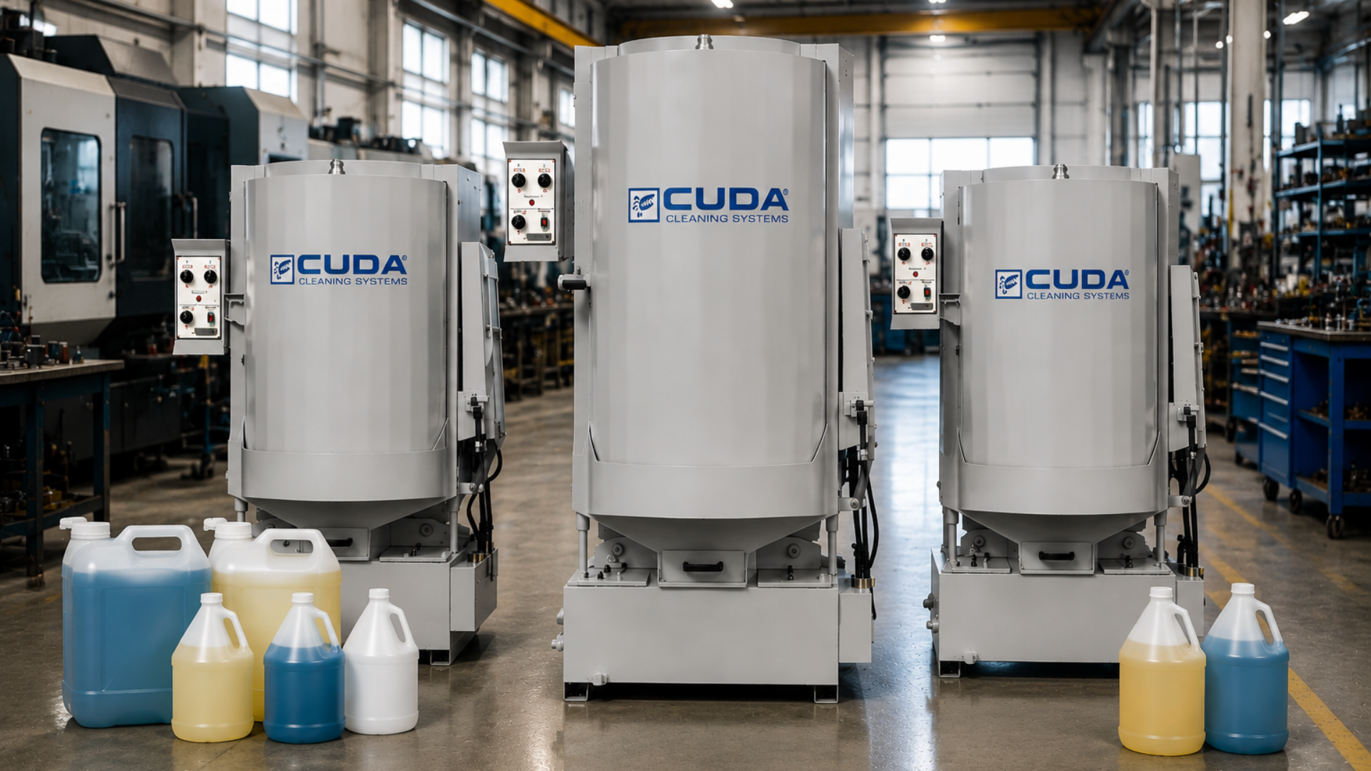Three industrial tanks in a factory with colored liquid jugs on the floor