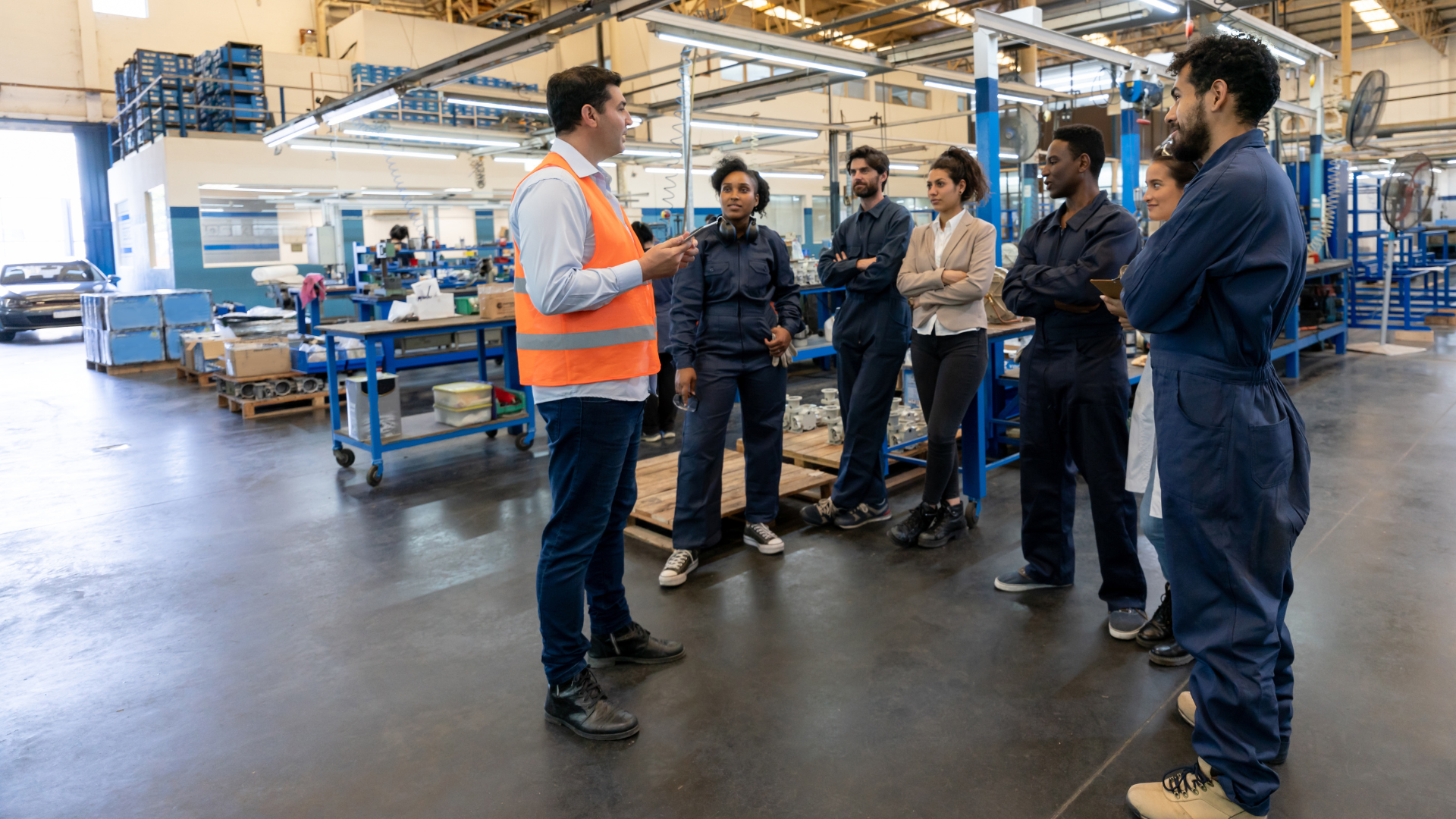 Supervisor in orange vest briefing a small group of workers on a factory floor
