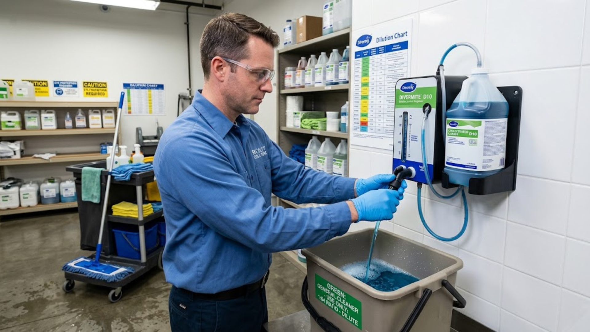 man diluting a concentrated cleaning solution