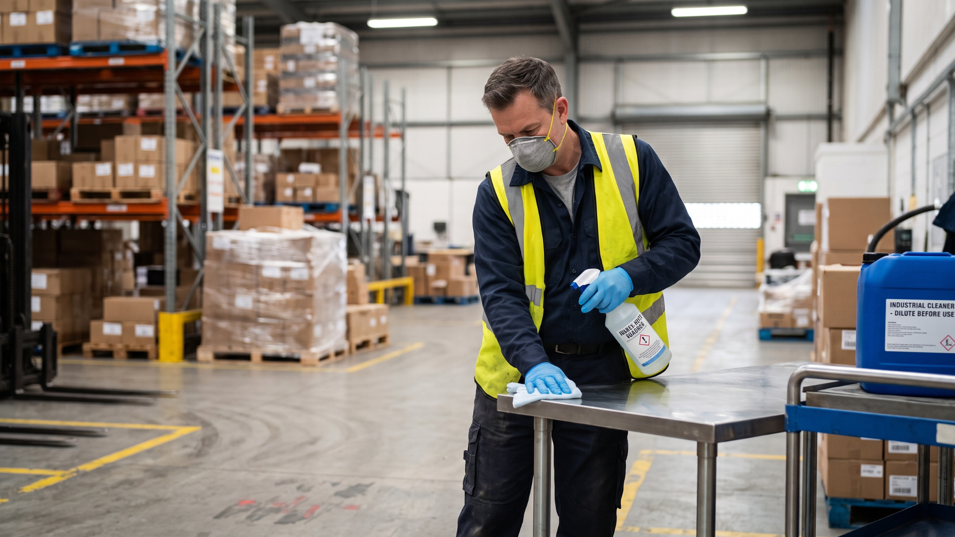 Worker in a warehouse wearing a mask and gloves wiping a table near stacked pallets