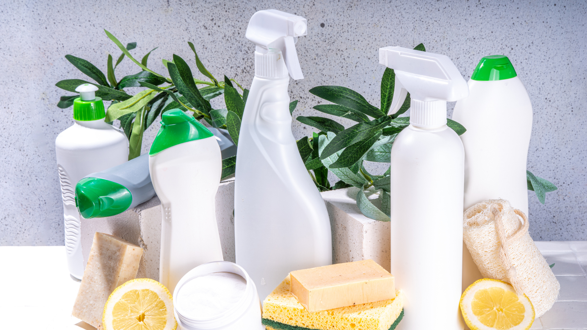 Cleaning supplies with white spray bottles, green accents, sponges, lemons, and cloths on a light background