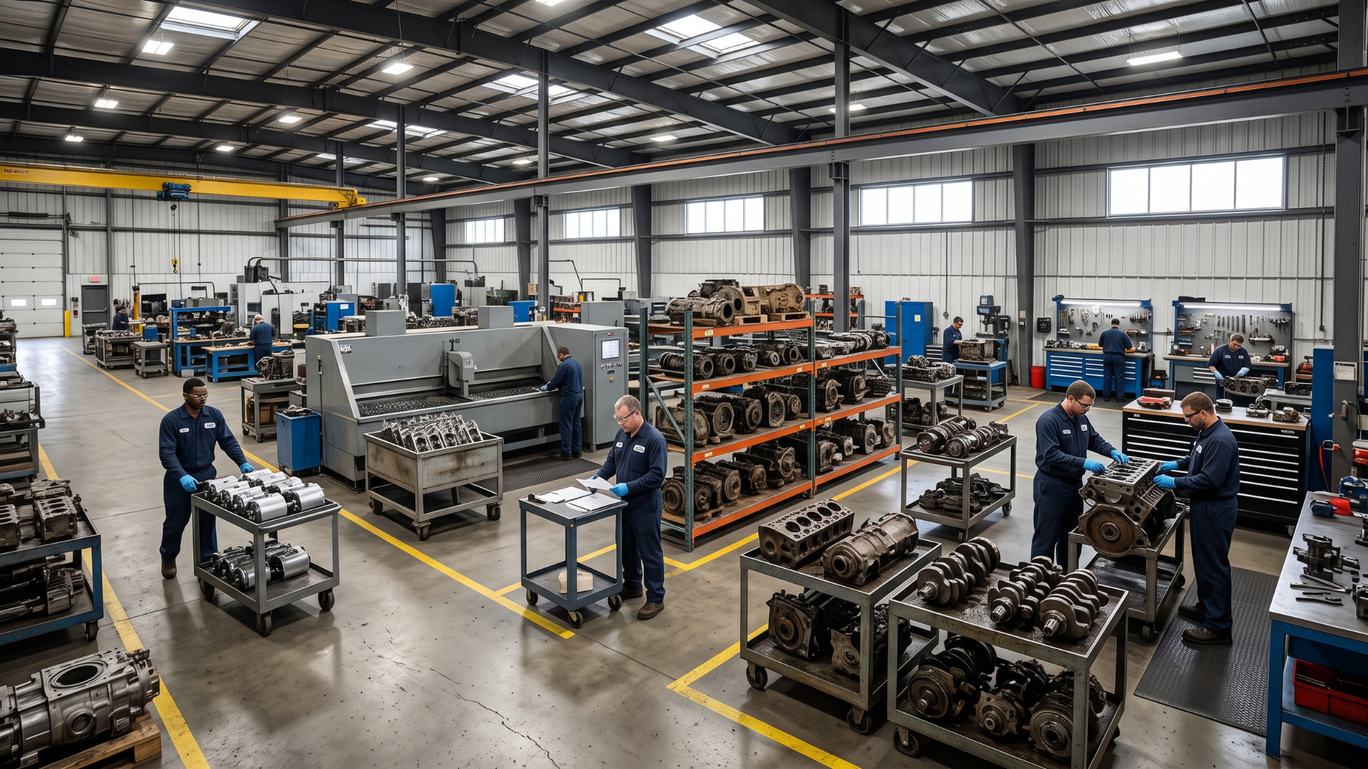 Large factory floor with workers, machinery, and stacked engine parts under bright industrial lighting