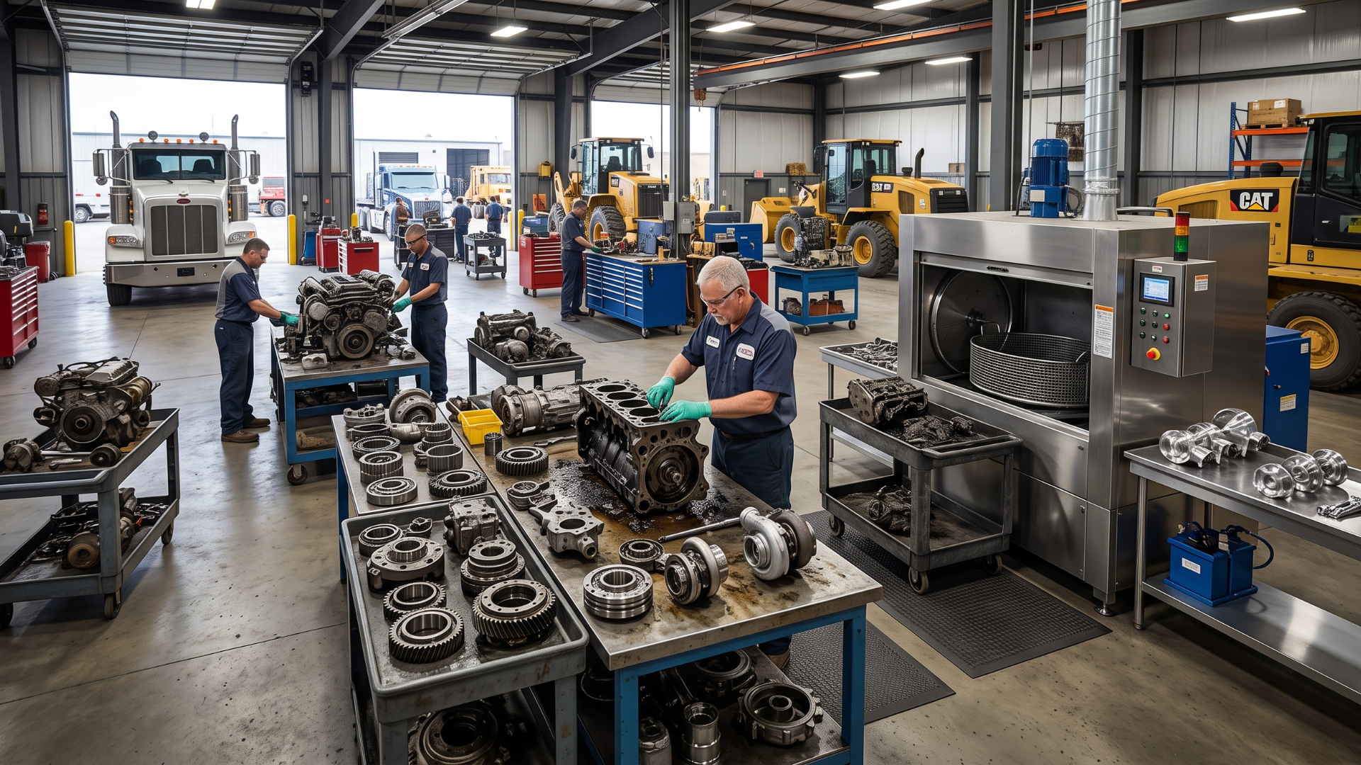 Workers assembling engine parts in a busy factory workshop with carts, machinery, and metal components.